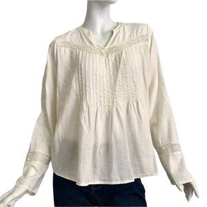 Old Navy Cream Peasant Boho Lace Cut Outs Pleated Front Long Sleeve Blouse - M